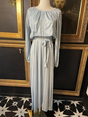 Vestido largo azul vintage años 70 Montgomery Ward con encaje para mujer pequeño Foto 1 de 4