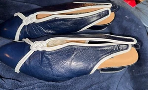 Mario Valentino Women's Shoes Size 40 Navy And White Leather Sling Backs - Picture 1 of 12