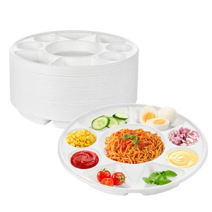 9 White Compartment Round Biodegradable 12.5" Divided Plates Plastic Plates - Picture 1 of 14