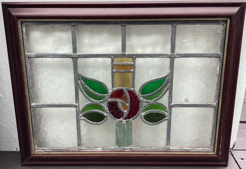 Antique 1910s Stained Leaded Glass Window with Mackintosh Glasgow Rose 21”x16” Cover