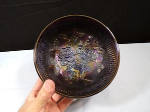 Imperial Purplish Peacock Carnival Glass Lustre or Open Rose 3 Toed Bowl 6 5/8" - Picture 1 of 9