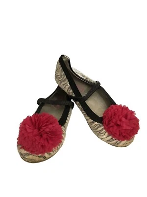 Stride Rite Toddler Girls Size 9M Zebra Print Mary Jane Red Pom Pom Flats shoes - Image 1 of 4