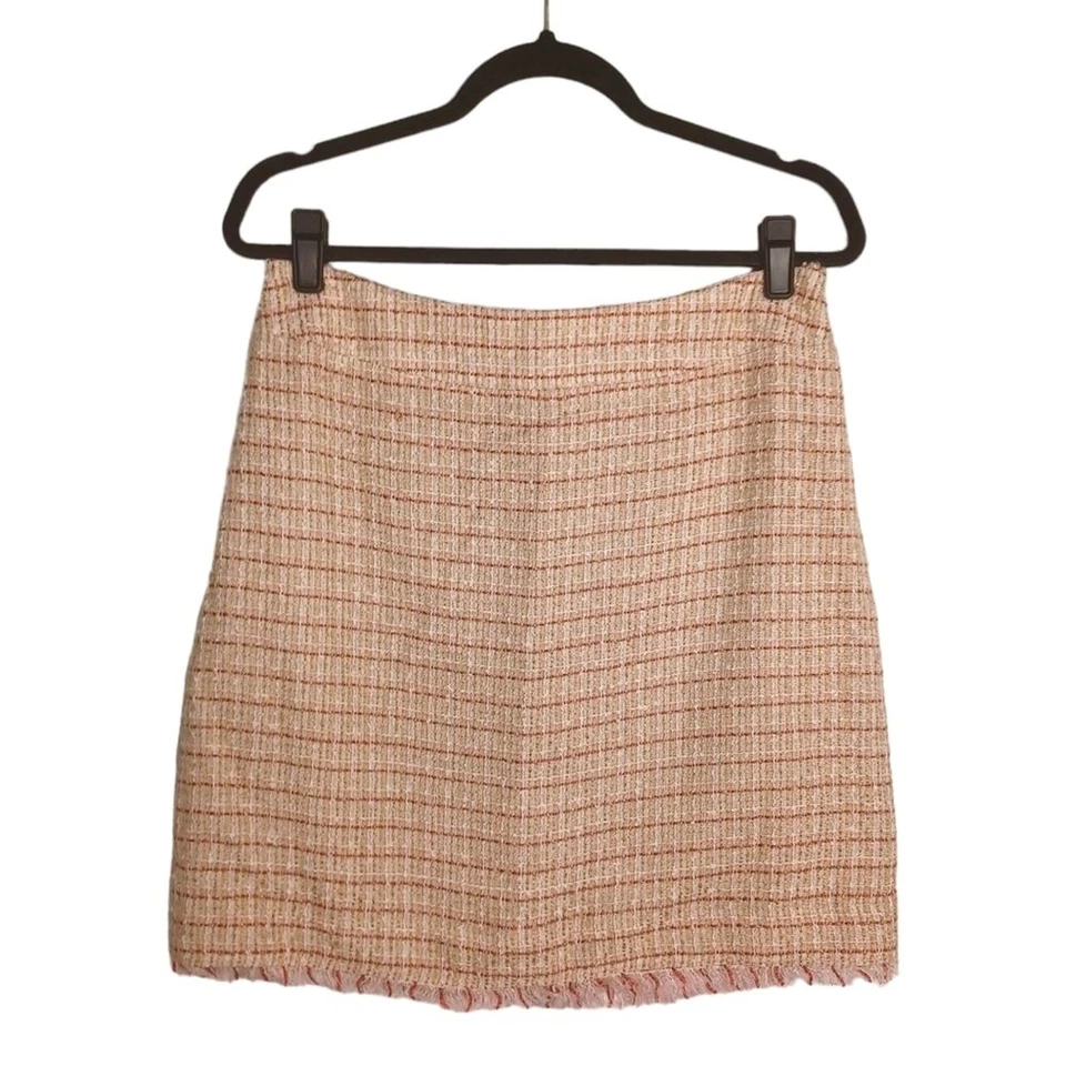 UNIFORM JOHN PAUL RICHARD Red Tan Cream Tweed Plaid Print Raw Hem Skirt 10 M - Imagem 1 de 4
