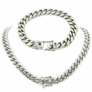 12mm Miami Cuban Link Bracelet & Chain Set Stainless Steel Looks Like Silver Men - Picture 1 of 12