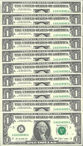 10 Consecutive 2009 $1 CA Block FRNs - Gem Crisp Uncirculated - Picture 1 of 2