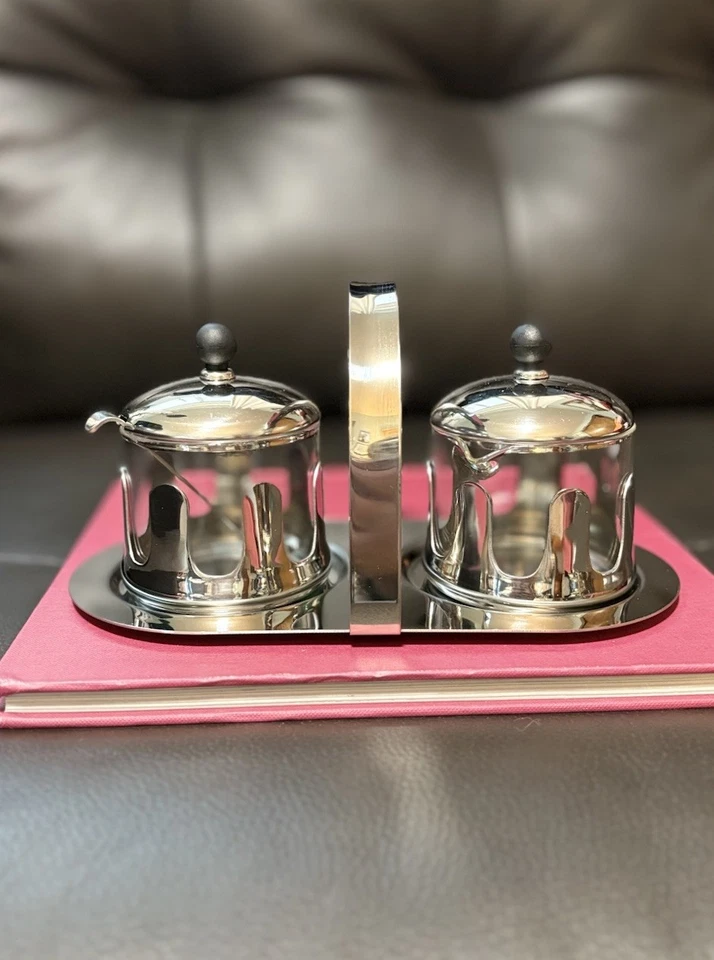 Juego de carrito de azúcar crema vintage Alessi Michael Graves con bandeja acero 18/10 Foto 1 de 4