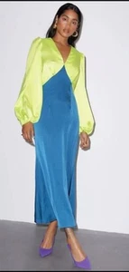 Never Fully Dressed Louella Lime Green & Blue Satin Maxi Dress - Sz UK 12 - Picture 1 of 14