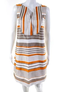 Les Copains Womens Grosgrain Stripe Y Neck Shift Dress Brown Orange White Size 4 - Picture 1 of 7