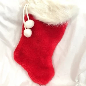 Christmas Stocking Red Plush White Faux Fur Cuff Pom Pom’s Hanging Loop NEW - Picture 1 of 7