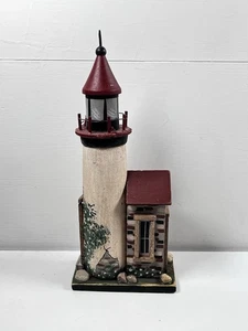 "Faro miniatura de madera hecho a mano vintage de 9"" con techo rojo" - Imagen 1 de 7