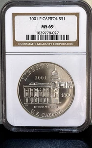 2001 P US Capitol Visitors Center Commemorative Silver Dollar NGC MS69 - Picture 1 of 2