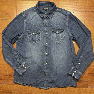 True Religion Pearl Snap Shirt Mens L Blue Denim Western Cowboy Country Rodeo - Image 1 of 4