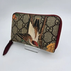 GUCCI Tian Bird Estuche Monedero Cartera GG Supreme Cuero Beige Marrón C290 - Imagen 1 de 11