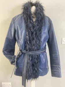 VTG 90s Sarah Kern blue real leather faux fur belted jacket UK 10 12 pockets - Picture 1 of 11