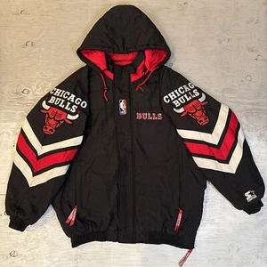 Vintage 90s NBA Starter Chicago Bulls Full Zip Hooded Basketball Jacket Sz L - Picture 1 of 24