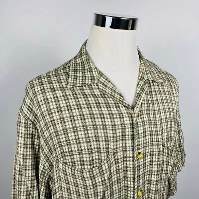 Guess Jeans Mens XL Vintage Casual Lounge Shirt Green Brown Plaid Rayon  - Image 1 of 4