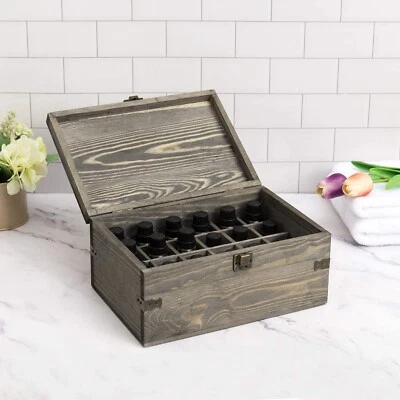 Vintage Gray Wood Essential Oil Bottle Storage Box, 24 Slot, Holds Up to 30ml - Image 1 of 4