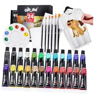  Fabric Paint Set for Clothes with 6 Brushes, 1 Palette, 0.4 Fl Oz (Pack of 24) - Picture 1 of 7