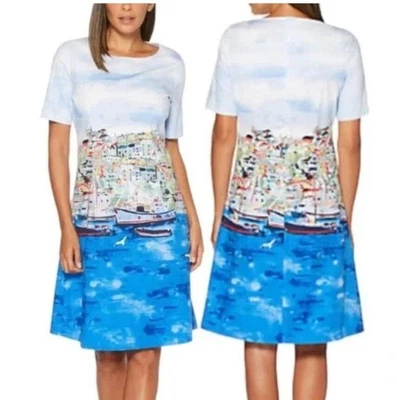 Vestido Vaina Rafaella Frente al Mar Paisaje Marino Talla 6P Pequeño Azul Multi Yate Costero Foto 1 de 4