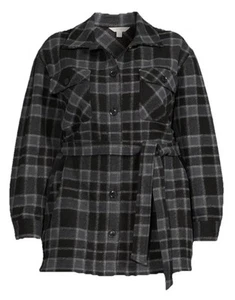 Terra & Sky Womens 2X Black Gray Plaid Belted Barn Chore Coat Shacket Jacket - Picture 1 of 14