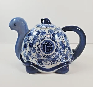 VTG Bombay Co Turtle Shape Teapot Floral Cobalt Blue/White 20 oz Chinoiserie 5"H - Picture 1 of 9