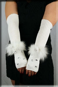 New Beaded White Chenille Fingerless Gloves Hand Warmer Fox Fur Trim - Picture 1 of 4