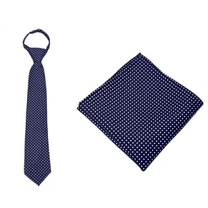 Boy's 14 Inch Navy Blue Pretied Dot Zipper Necktie & Pocket Square Set - NWT - Picture 1 of 2