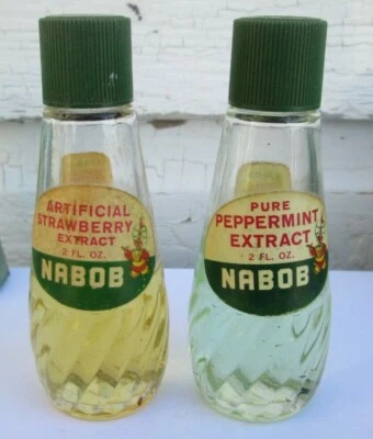 2 VINTAGE GLASS BOTTLE NABOB EXTRACT PAPER LABEL NABOB FOODS VANCOUVER B C  - Image 1 of 4