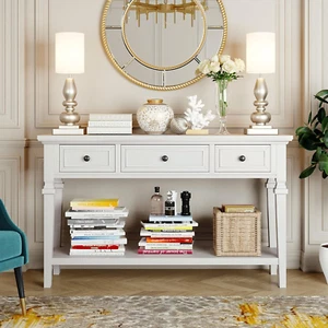 Antique White Farmhouse Wood Consoletable for Hallways Narrow Foyer Sideboard wi - Picture 1 of 8