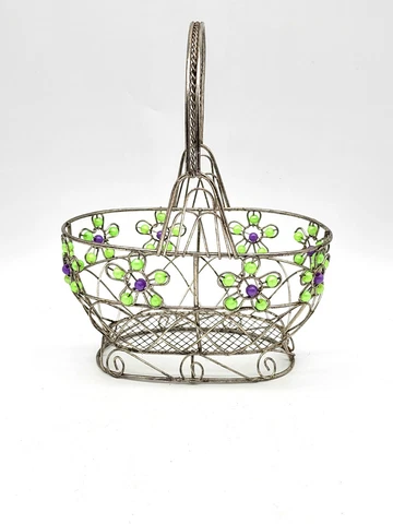 Vintage Wire Spring Beaded Floral Easter Basket Green and Purple Beading Cover