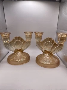 Set Of 2 Iris & Herringbone Double Candle Stick Holder Marigold Iridescent Glass - Picture 1 of 8