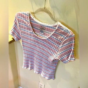Riders women’s size large pink stripped crop top ruffle lined western, cowgirl - Picture 1 of 6