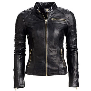 Women's Black Sim Fit Real Leather Jacket New Biker Moto Style Zip Up Outwear - Picture 1 of 3