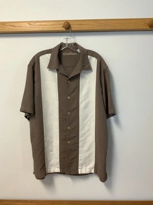 Camisa Caribeña Para Hombres Manga Corta Botón Marrón Crema Color Bloque Frontal L Foto 1 de 4