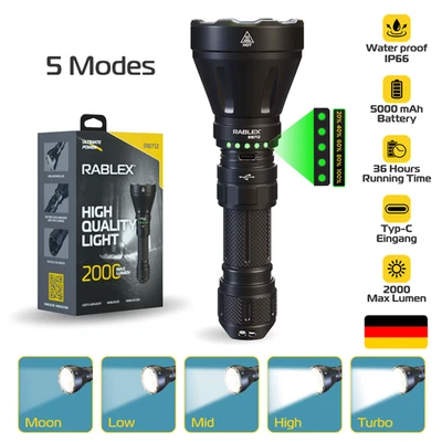 RABLEX Linterna LED 2000 Lúmenes, Alcance 1000m, Impermeable, Aluminio - Imagen 1 de 4