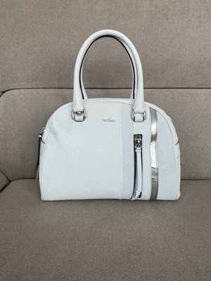 White HOGAN Metallic Leather Bowling Shoulder Bag Handbag Tote Pourch Pouse - Image 1 of 4