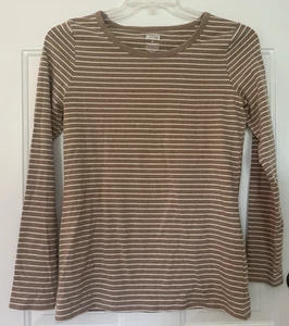 Duluth Trading Medium Tan Ivory Stripe Long Sleeve Crew Neck T Shirt Tee Top M - Picture 1 of 6