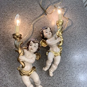 Rare Antique Italian Carved Wood Putti Cherub Angel Wall sconce Pair Electric - Picture 1 of 22