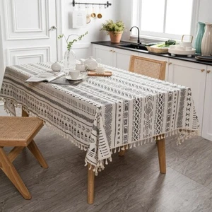 Geometric Art Tassel Cotton & Linen Water and Oil Proof Table Cloth 140x220cm - Picture 1 of 10