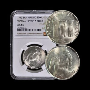 SAN MARINO. 1972, 500 Lire, Silver - MS65 - Mother Lifting Child - Picture 1 of 5