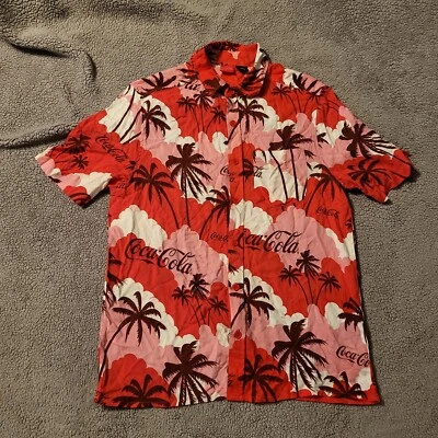 Camisa Hawaiana Coca Cola Para Hombres Grande Rayón Palmeras Rojo Rosa Resort Wear Talla S Foto 1 de 4
