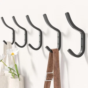 Wall Hooks Hanging Coat Black Arc Double Hooks Sturdy Metal Matte Finish 5 Pack - Picture 1 of 11