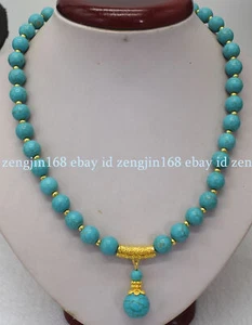 Natural 10mm Blue Turquoise Round Gemstone Beads Pendant Necklace 18" AAA - Picture 1 of 12