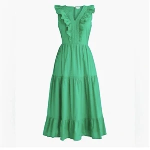 J. Crew Kelly Green Sleeveless V Neck Smocked Ruffle Trim Tiered Midi Dress 0 - Picture 1 of 10