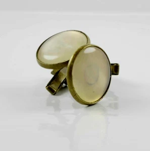Vintage Round Mother Of Pearl Brass Men Cufflinks Bullet Smooth Engine Turned - Picture 1 of 7