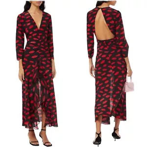 Maxi Vestido Rixo Mujer Labios Negro Rojo Volantes Forrado Seda Manga 3/4 Abertura Frontal 6 - Imagen 1 de 16