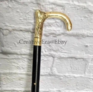 Antique Brass Vintage Head Handle Walking Stick Black Wooden Brass Inlaid Cane - Picture 1 of 5