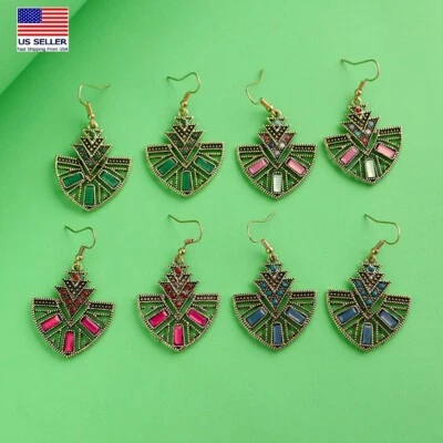 Gorgeous Women Vintage Bohemian Earrings Triangle Shield Colorful Crystal 1499 - Image 1 of 4