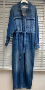 DONNA IDA Tuta Denim UK 14 Large Molto Relaxed Free Spirit Cintura Blu Lunga - Foto 1 di 12