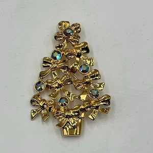 Avon Vintage Christmas Tree Gold Tone AB Rhinestone Bows1992 Holiday Brooch - Picture 1 of 7